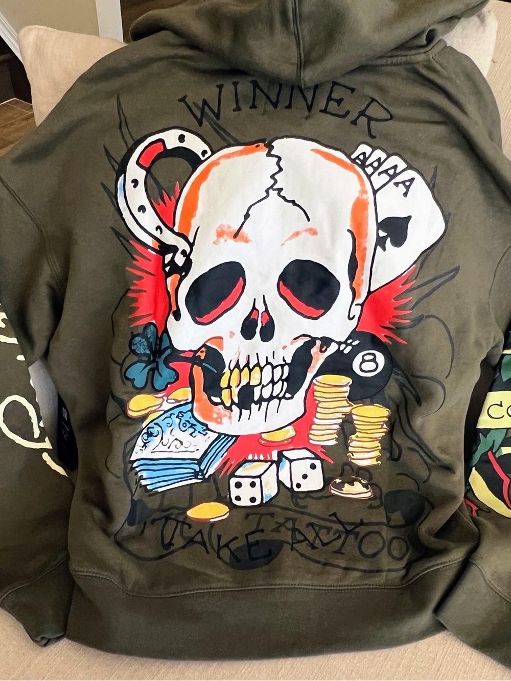 Ed Hardy Winner Skull Zip Up Hoodie Army Green Small